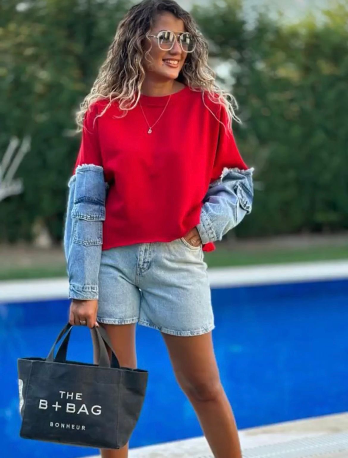 Red top with denim sleeves