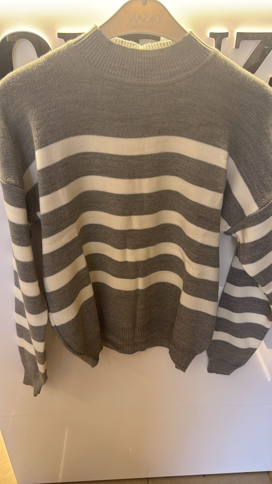 Grey stripe white sweater